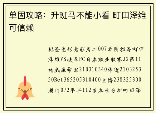 单固攻略：升班马不能小看 町田泽维可信赖
