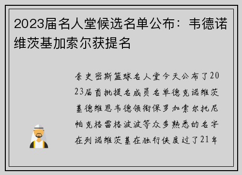 2023届名人堂候选名单公布：韦德诺维茨基加索尔获提名